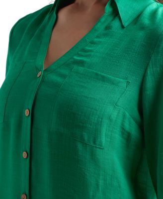 Juniors' Textured Roll-Sleeve Button-Front Top