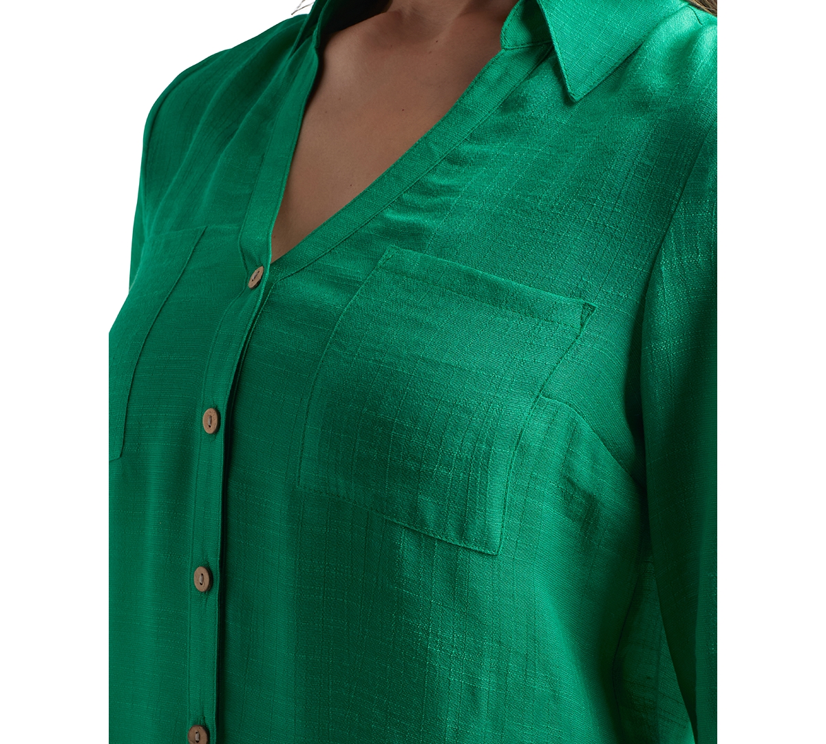 BCX JUNIORS' TEXTURED ROLL-SLEEVE BUTTON-FRONT TOP 