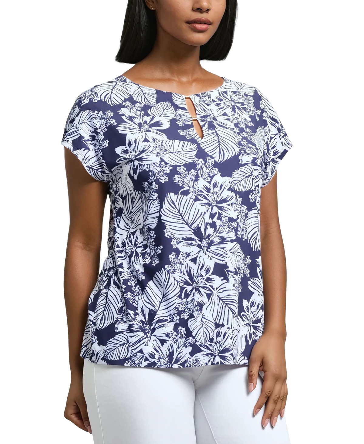 Jones New York Women's Leaf-print Extended-shoulder Top