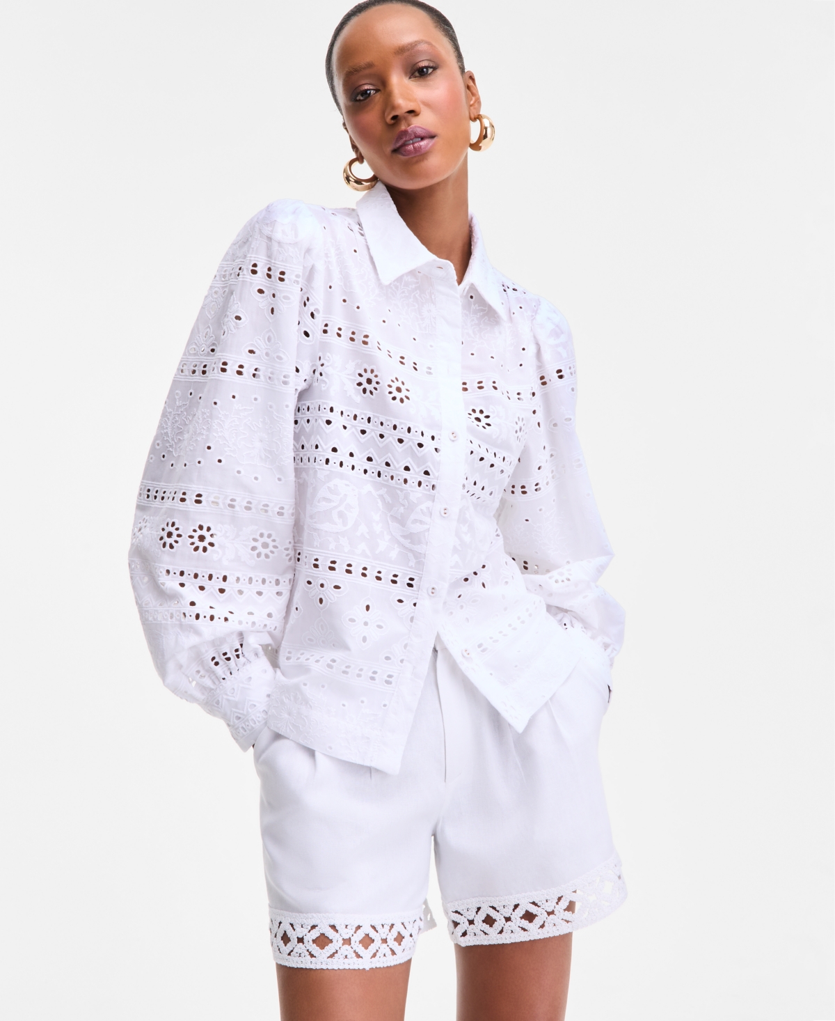 Inc International Concepts Plus Size Cotton Eyelet-embroidered Blouse, Exclusively At Macy's In Brown