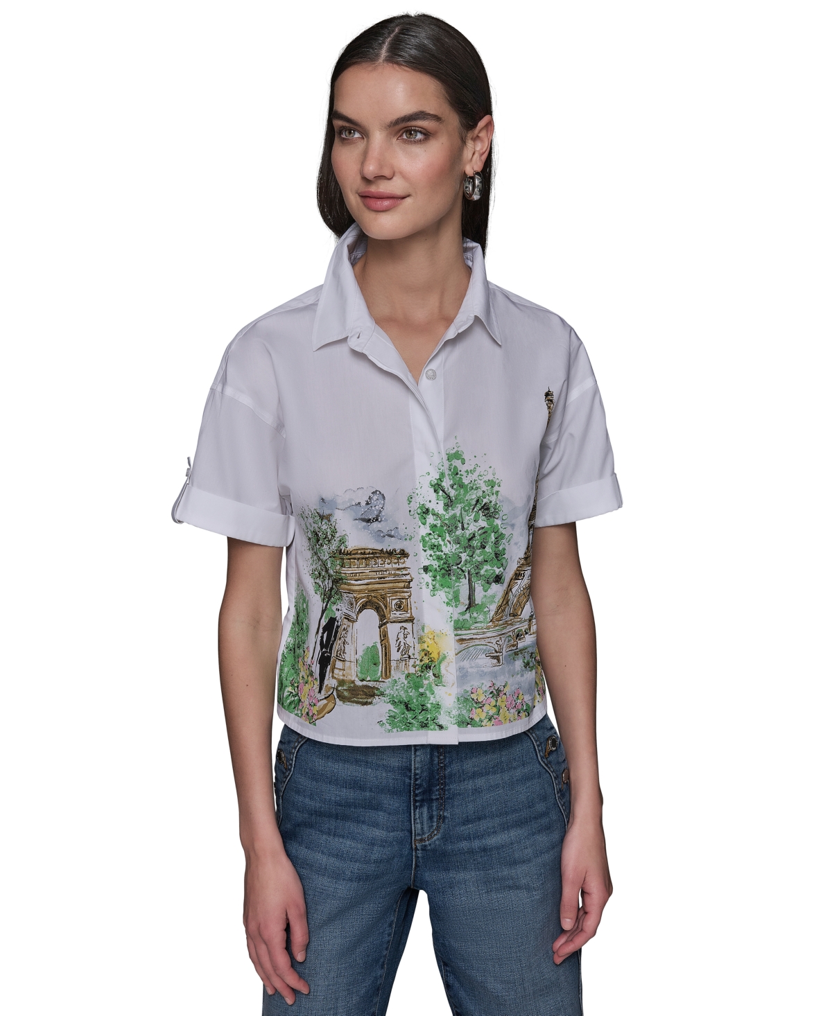 KARL LAGERFELD WOMEN'S COTTON CROP PARIS SCENE BUTTON-FRONT TOP 