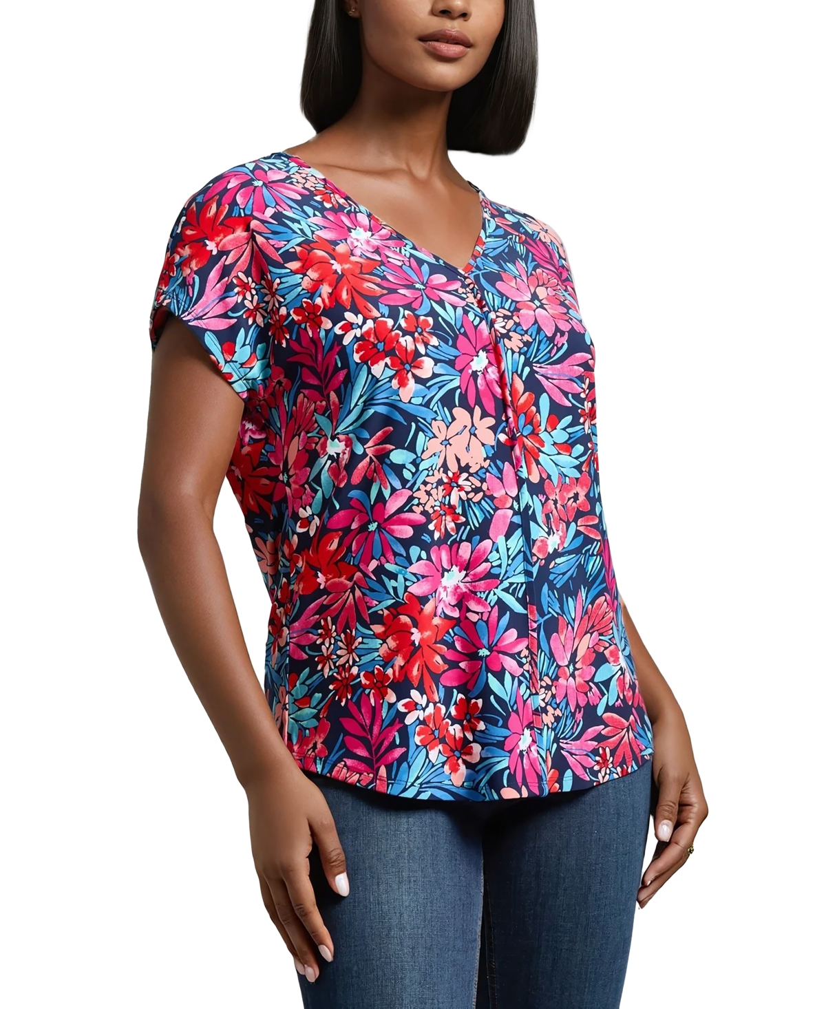 Jones New York Floral Exposed Seam V-neck Top