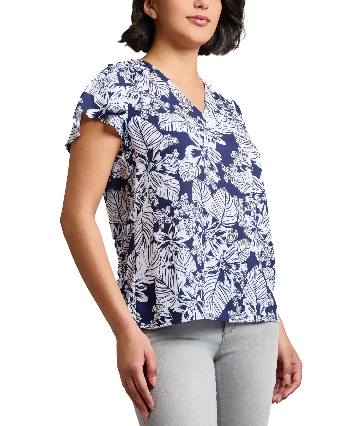 Jones New York Palm Print Flutter Sleeve Top In Multi