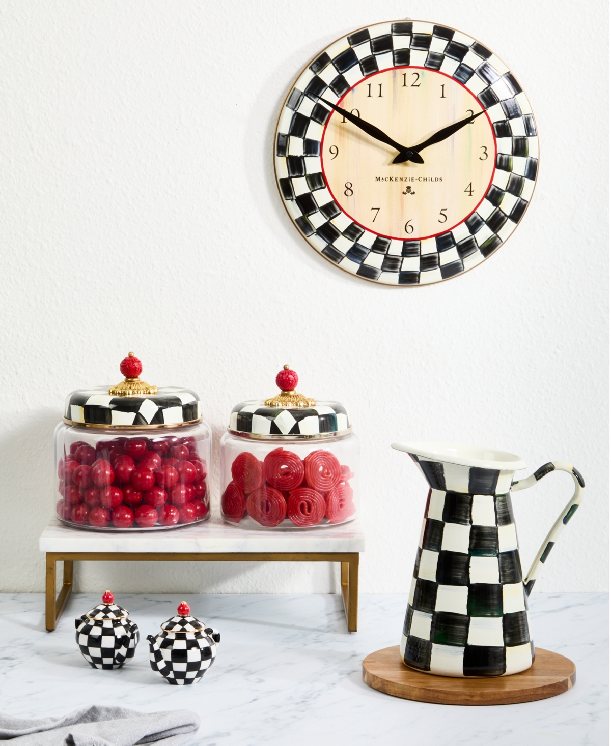 Mackenzie-childs Courtly Checks Teapot Salt & Pepper Set In Black,white