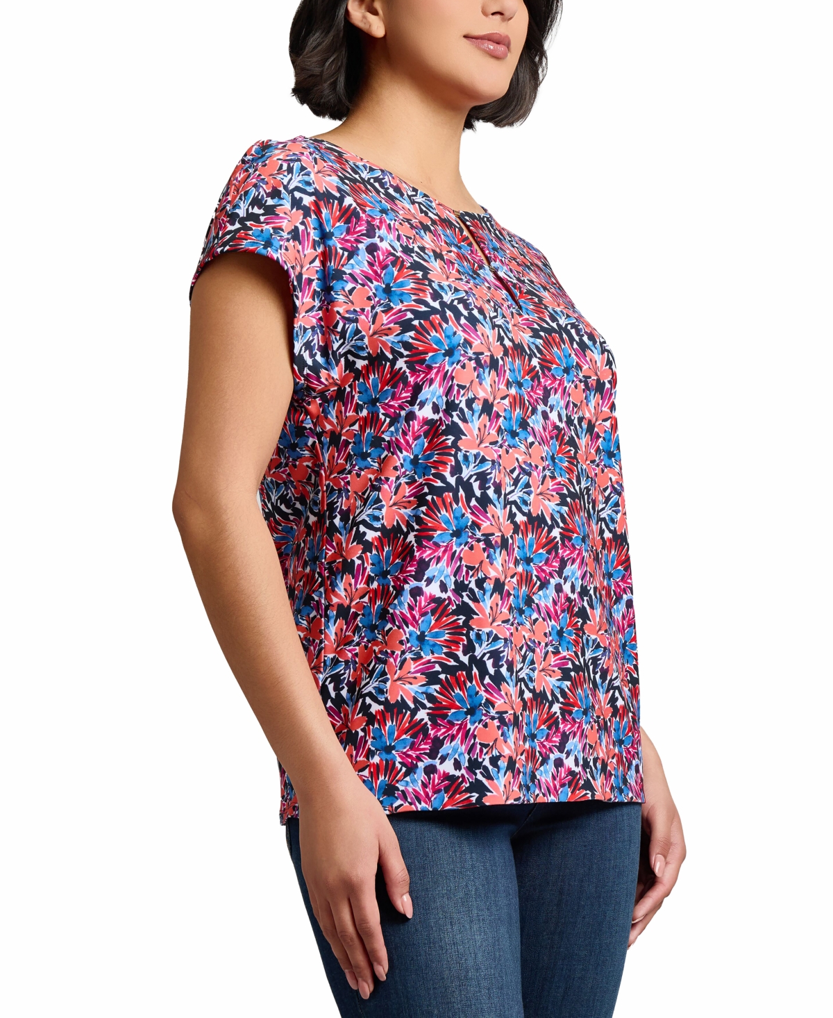 Jones New York Floral Print Keyhole Crepe Top