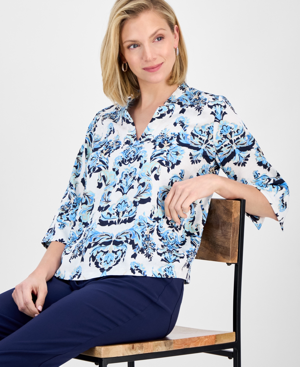 Shop Jm Collection Women's Printed Jacquard 3/4-sleeve Top, Exclusively At Macy's