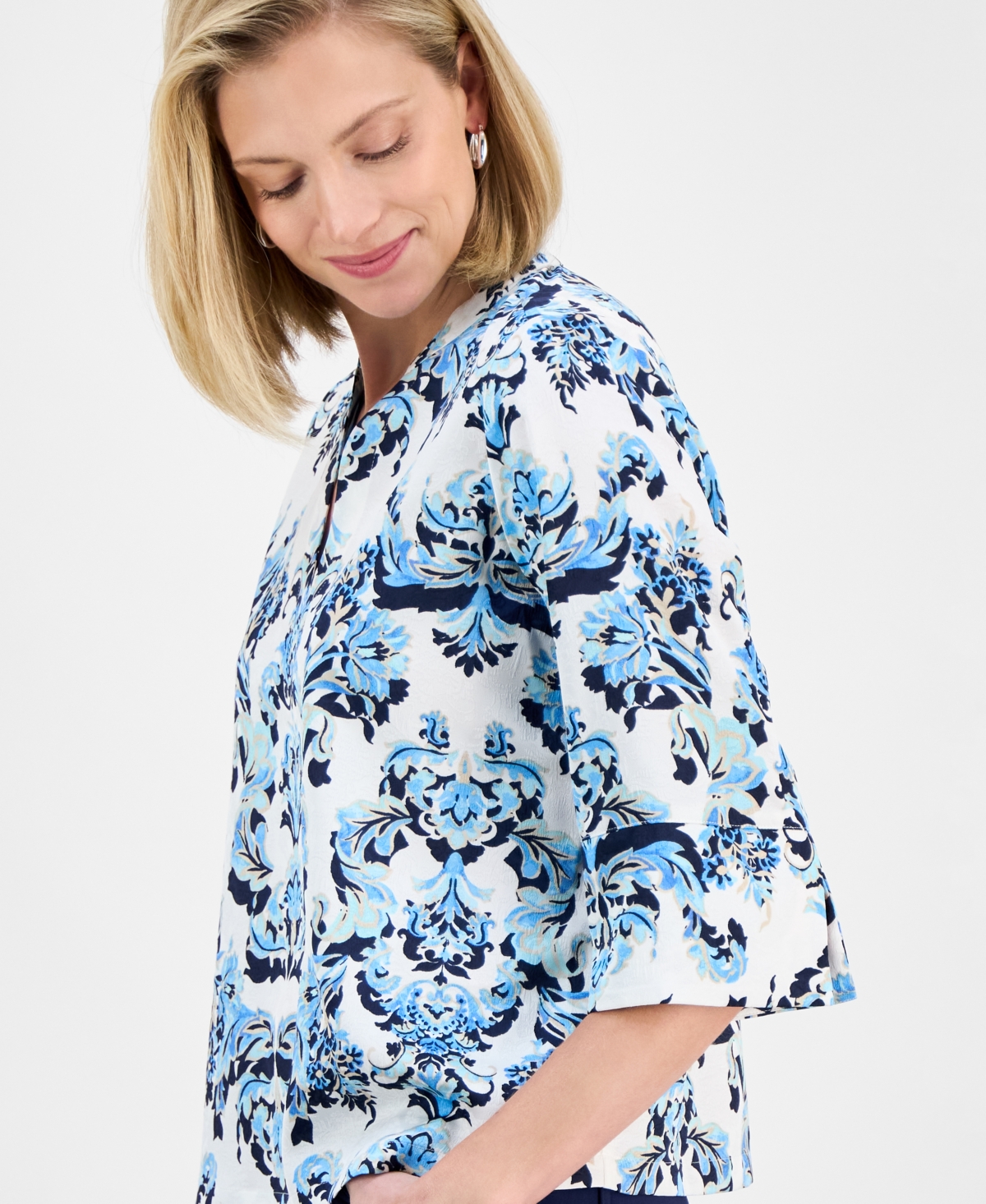 Shop Jm Collection Women's Printed Jacquard 3/4-sleeve Top, Exclusively At Macy's