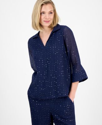 JM Collection - Women's Spread-Collar Crinkle Sequin Top