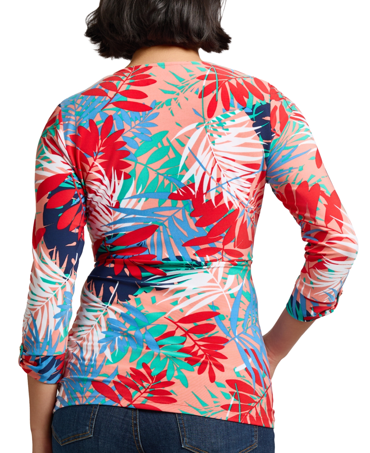 Jones New York Leaf Print Jersey D-ring Wrap Top