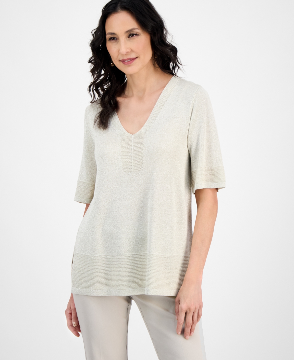 Women's V-Neck Short-Sleeve Shimmer Sweater, Exclusively at Macy's - Bright White