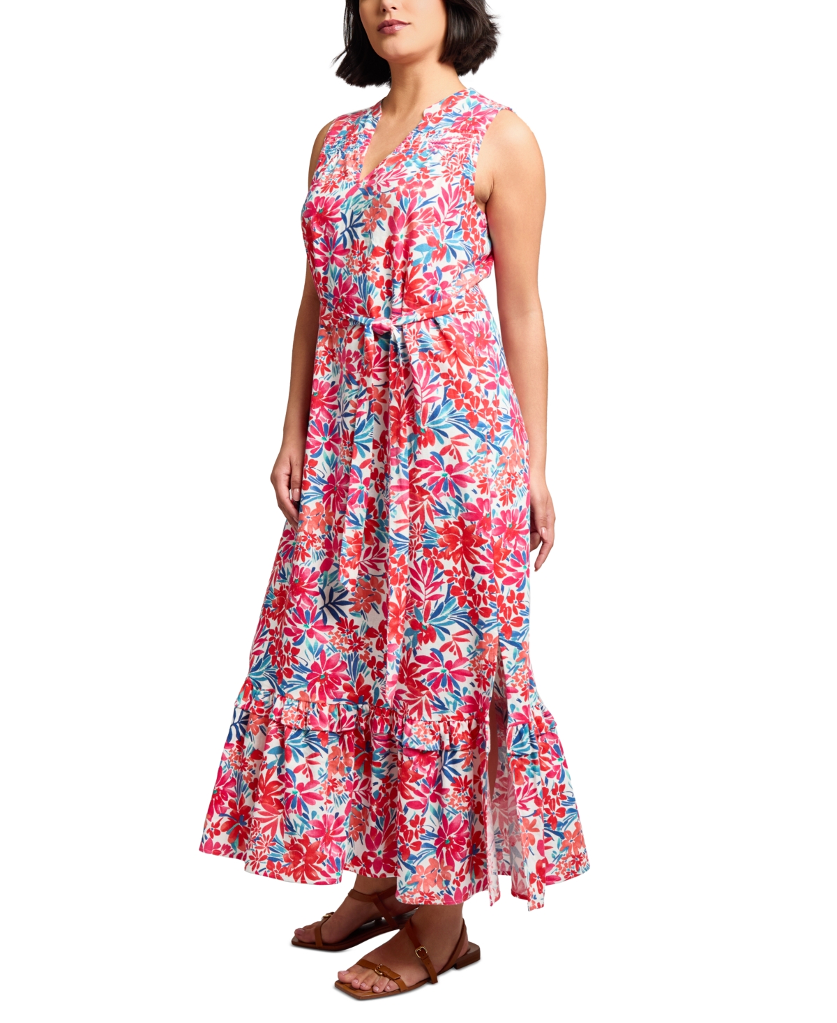 Jones New York Floral Print Ruffle Tie Waist Sleeveless Maxi Dress