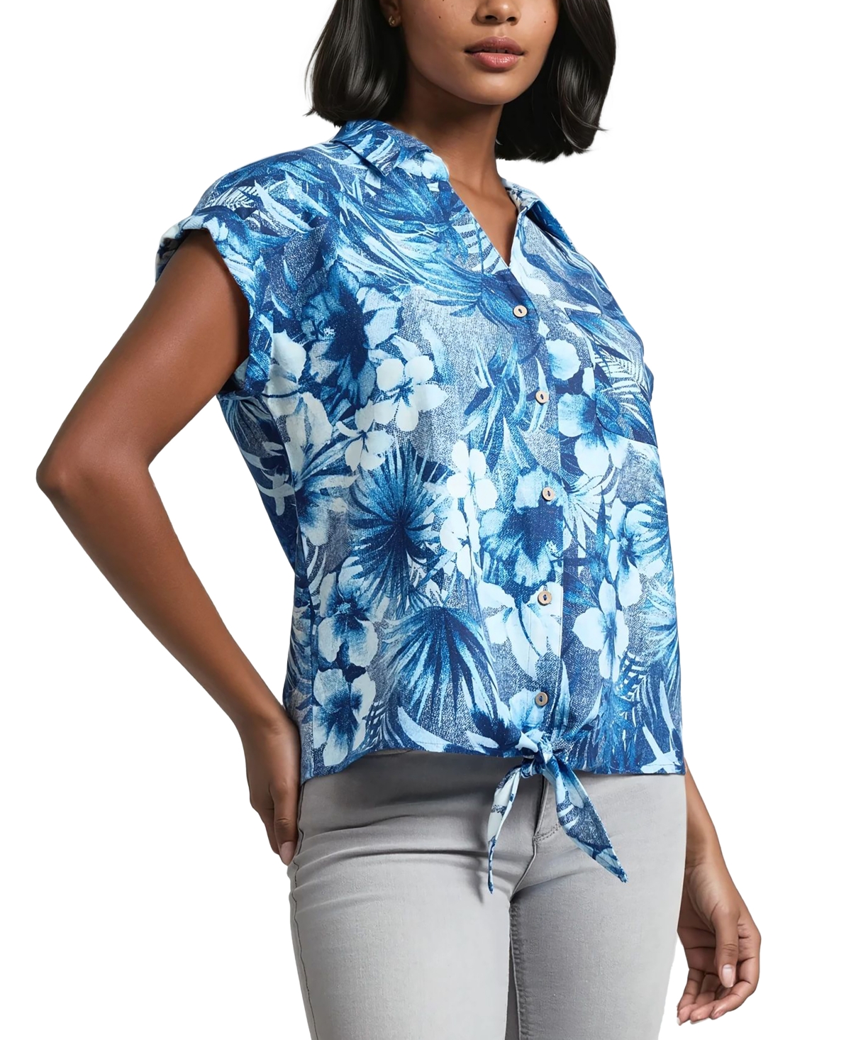 Jones New York Button Detail Linen-blend Blouse