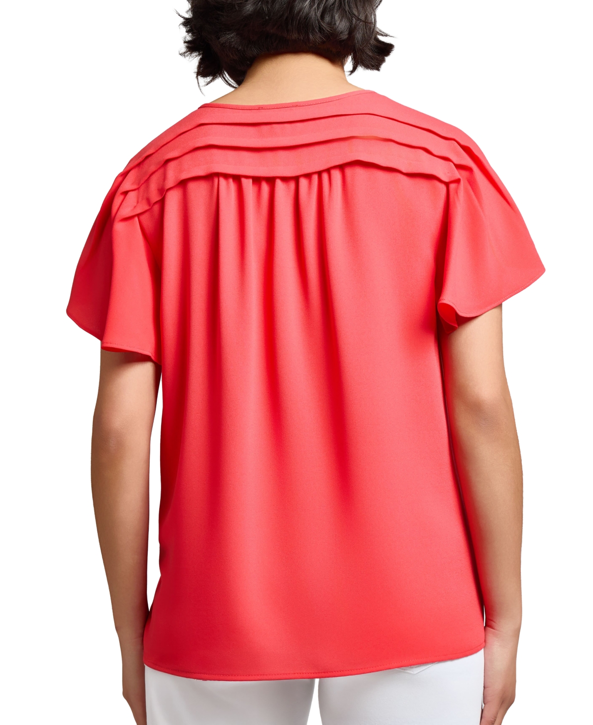 Jones New York Pleated Shoulder Tie Neck Top In Red
