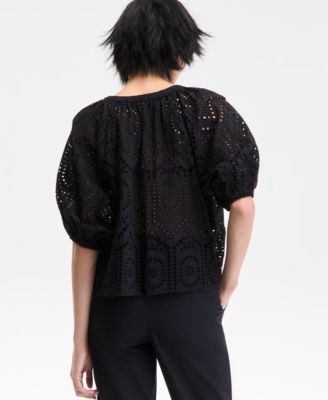 Women's Cotton Eyelet Puff-Sleeve Blouse, Exclusively at Macy's