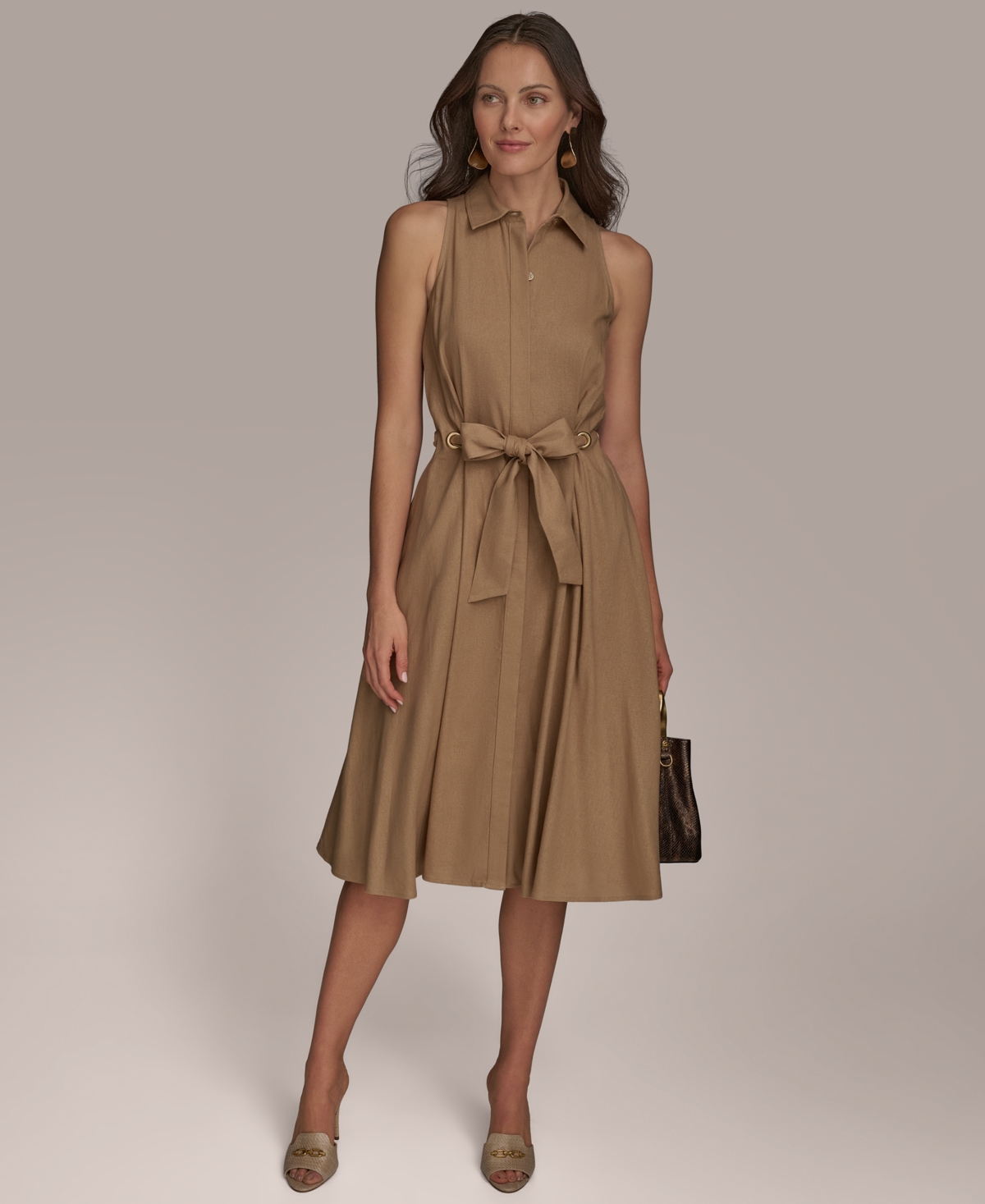 Women's Belted Sleeveless Shirtdress - Fawn