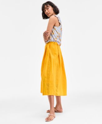 Women's Cotton Eyelet Pleated Midi Skirt, Exclusively at Macy's