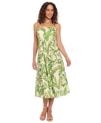 London Times - Petite Leaf-Print Tiered Smocked Dress