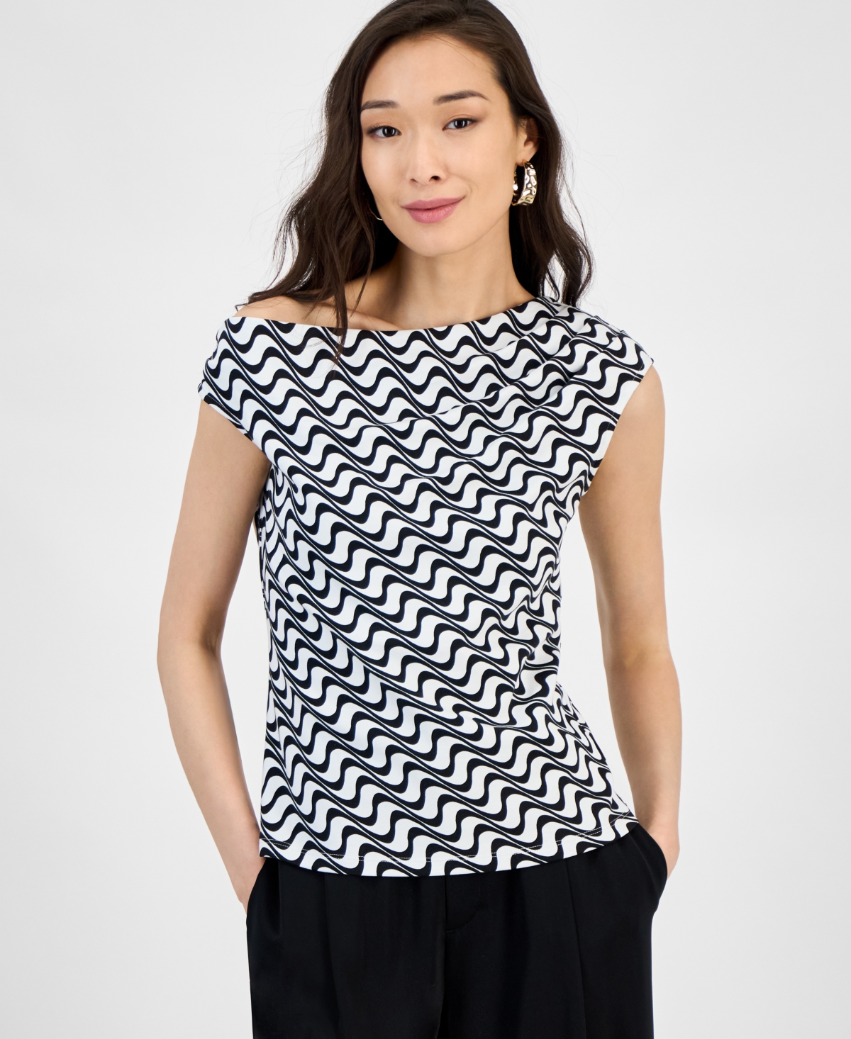 Inc International Concepts Women's Cotton Extended-shoulder Cowlneck Top, Exclusively At Macy's