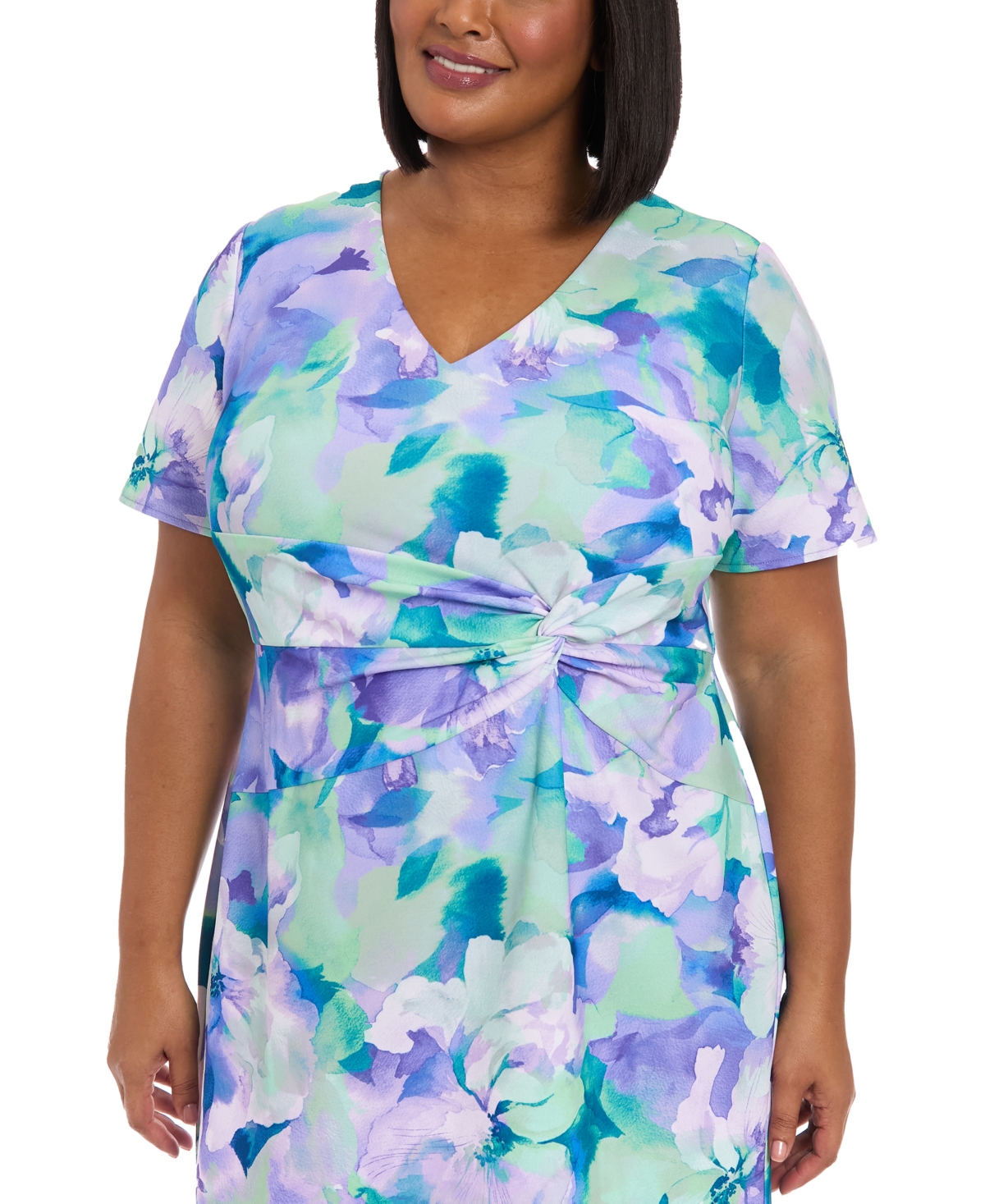 London Times Plus Size Floral-print Twist-front Midi Dress In Lavender Blue