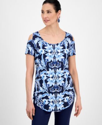 JM Collection - Women's Linear Garden Cold-Shoulder Top, Created for Macy's