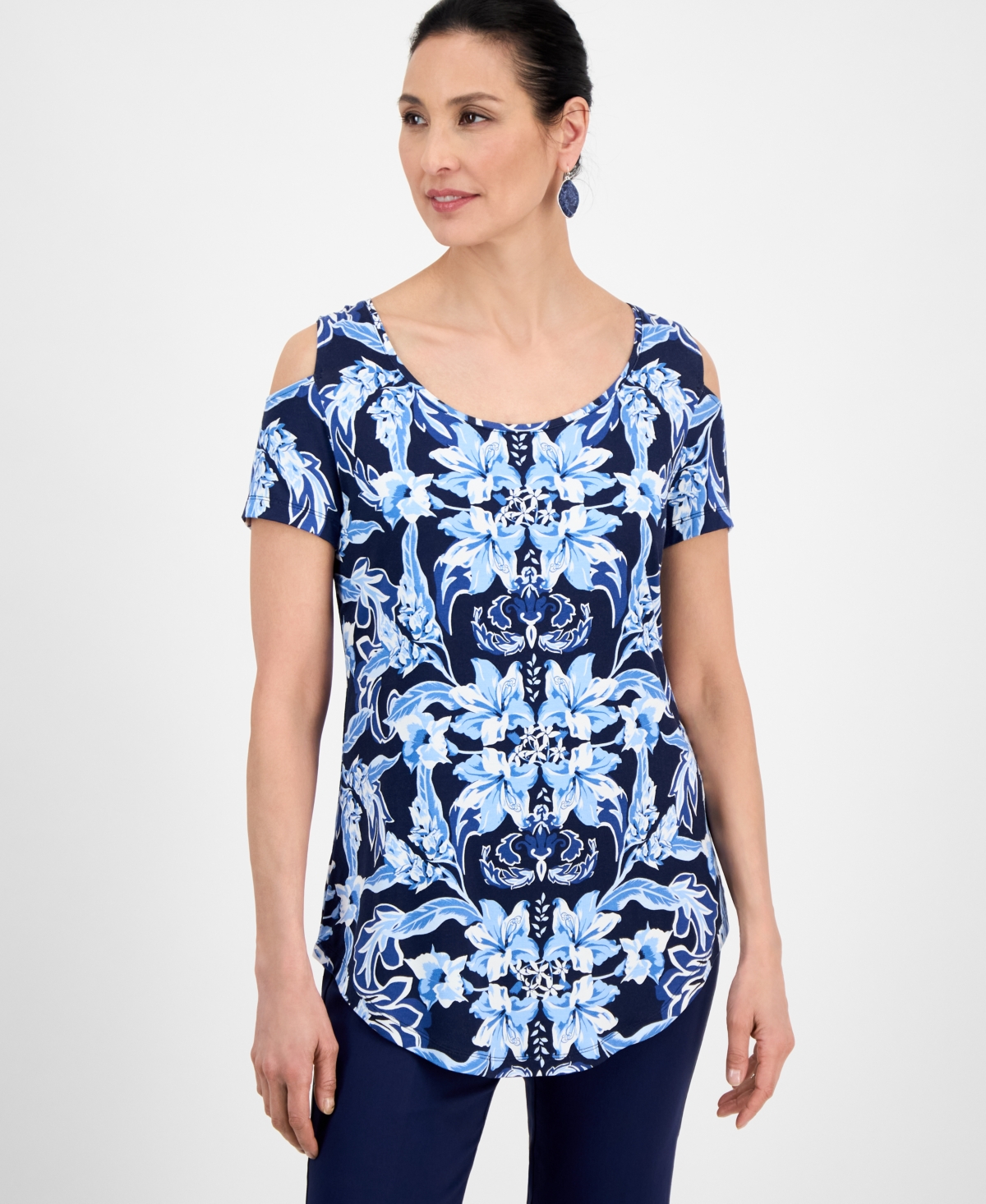 JM COLLECTION WOMEN'S PRINTED COLD-SHOULDER TOP, EXCLUSIVELY AT MACY'S 