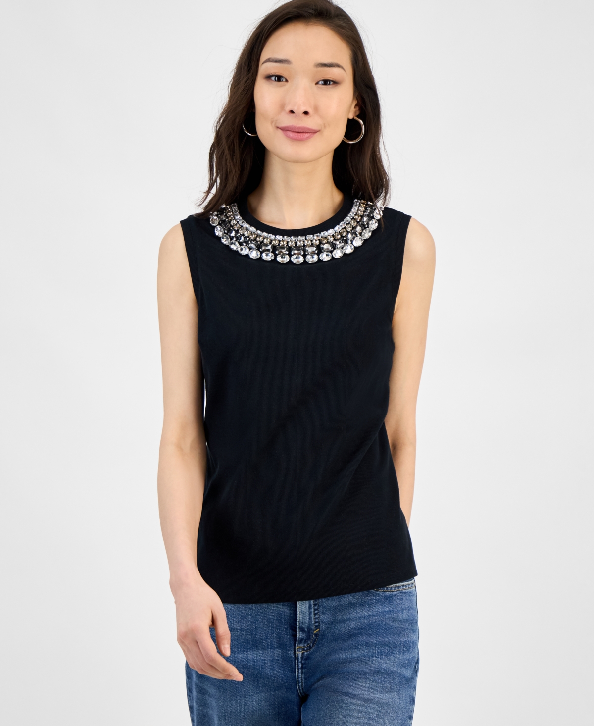 Women's Embellished-Neckline Cotton Tank Top, Exclusively at Macy's - Bright White