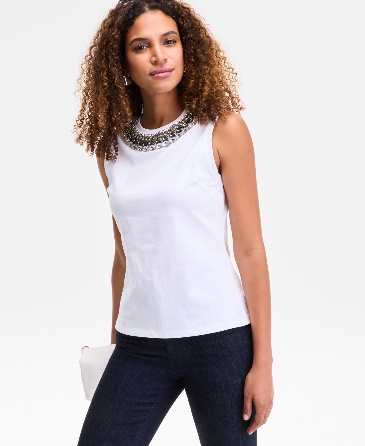 Women's Embellished-Neckline Cotton Tank Top, Exclusively at Macy's - Bright White