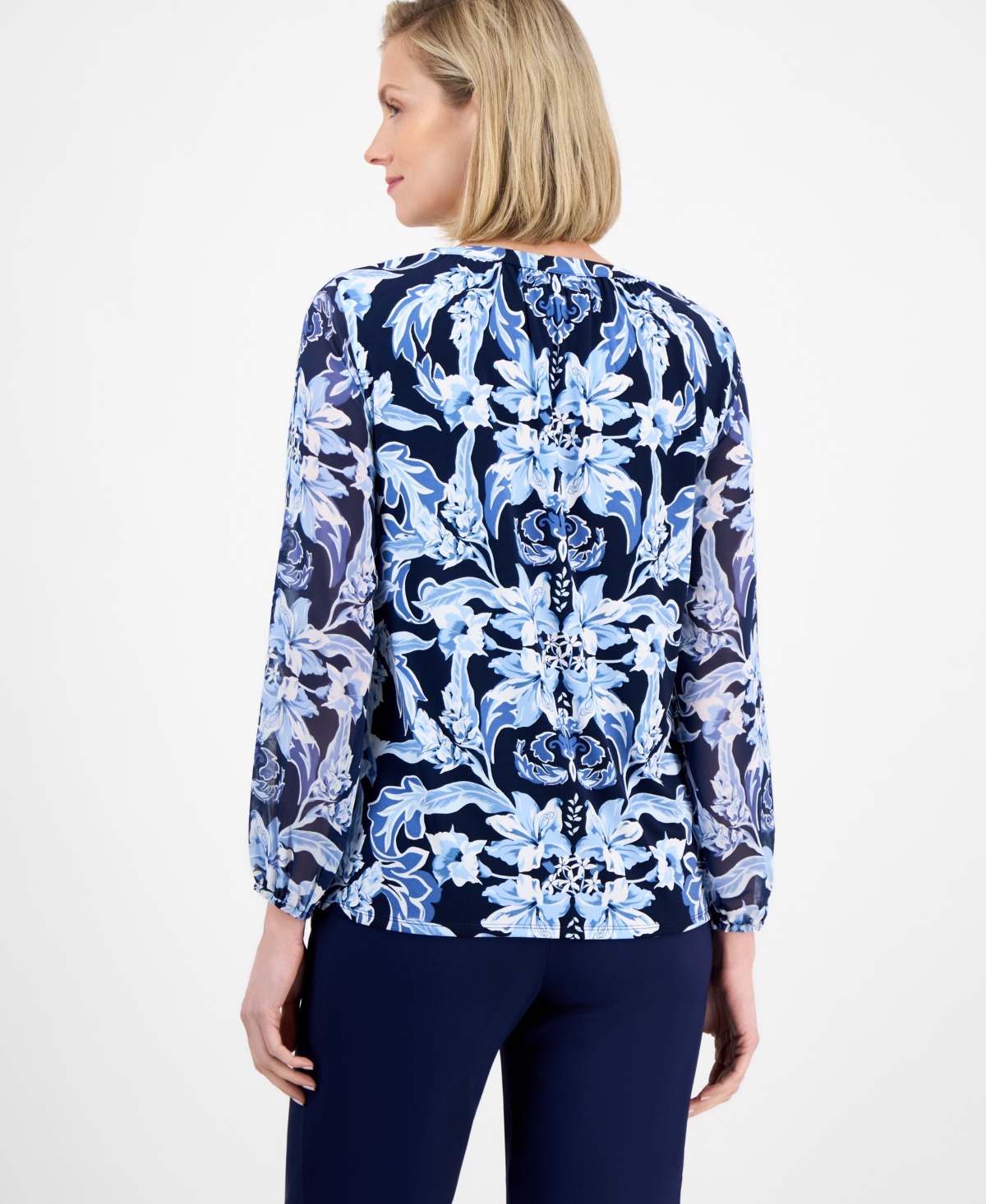 Shop Jm Collection Women's Printed Tie-neck Long-sleeve Blouse, Exclusively At Macy's