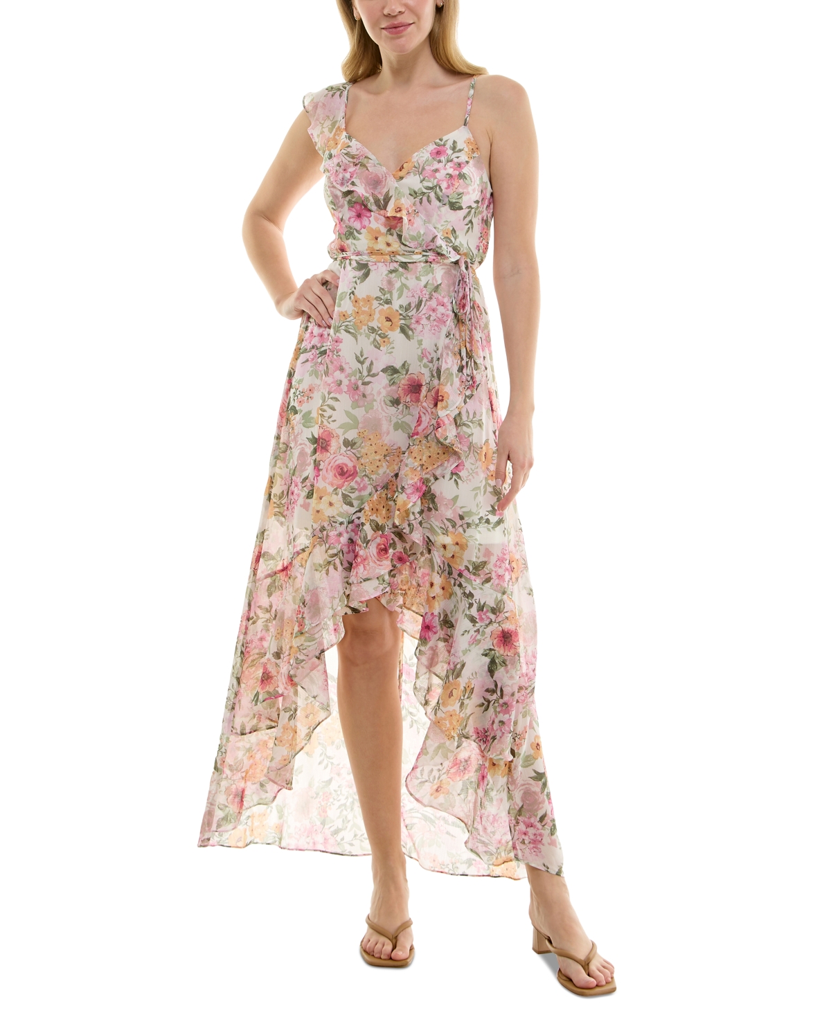 Bcx Juniors' Ruffle-trim High-low Wrap Dress In Multi