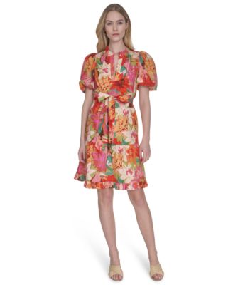 Vince Camuto - Petite Cotton Floral-Print Puffed-Sleeve Dress