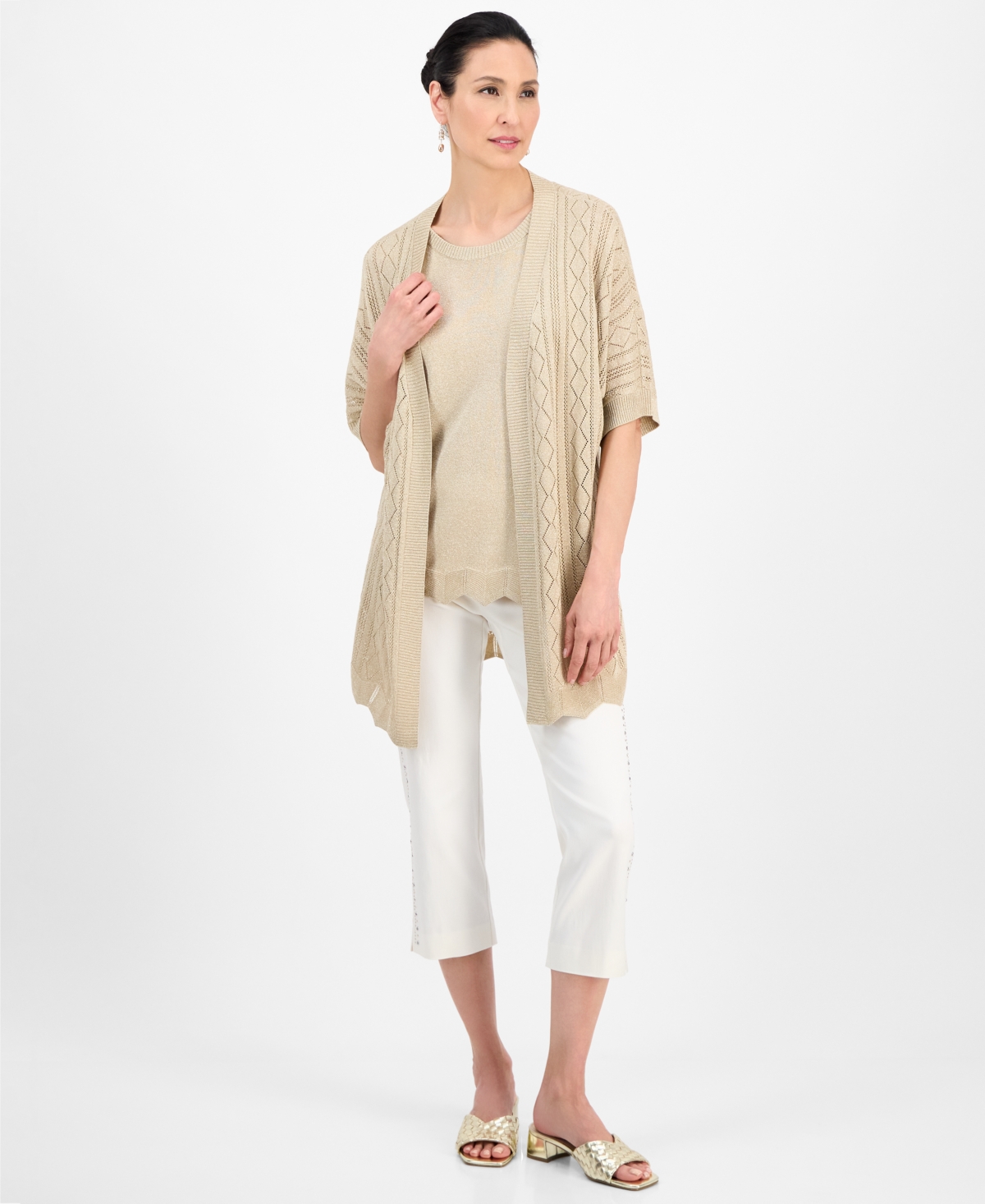 JM COLLECTION WOMEN'S LUREX OPEN-FRONT SHORT-SLEEVE CARDIGAN, EXCLUSIVELY AT MACY'S 