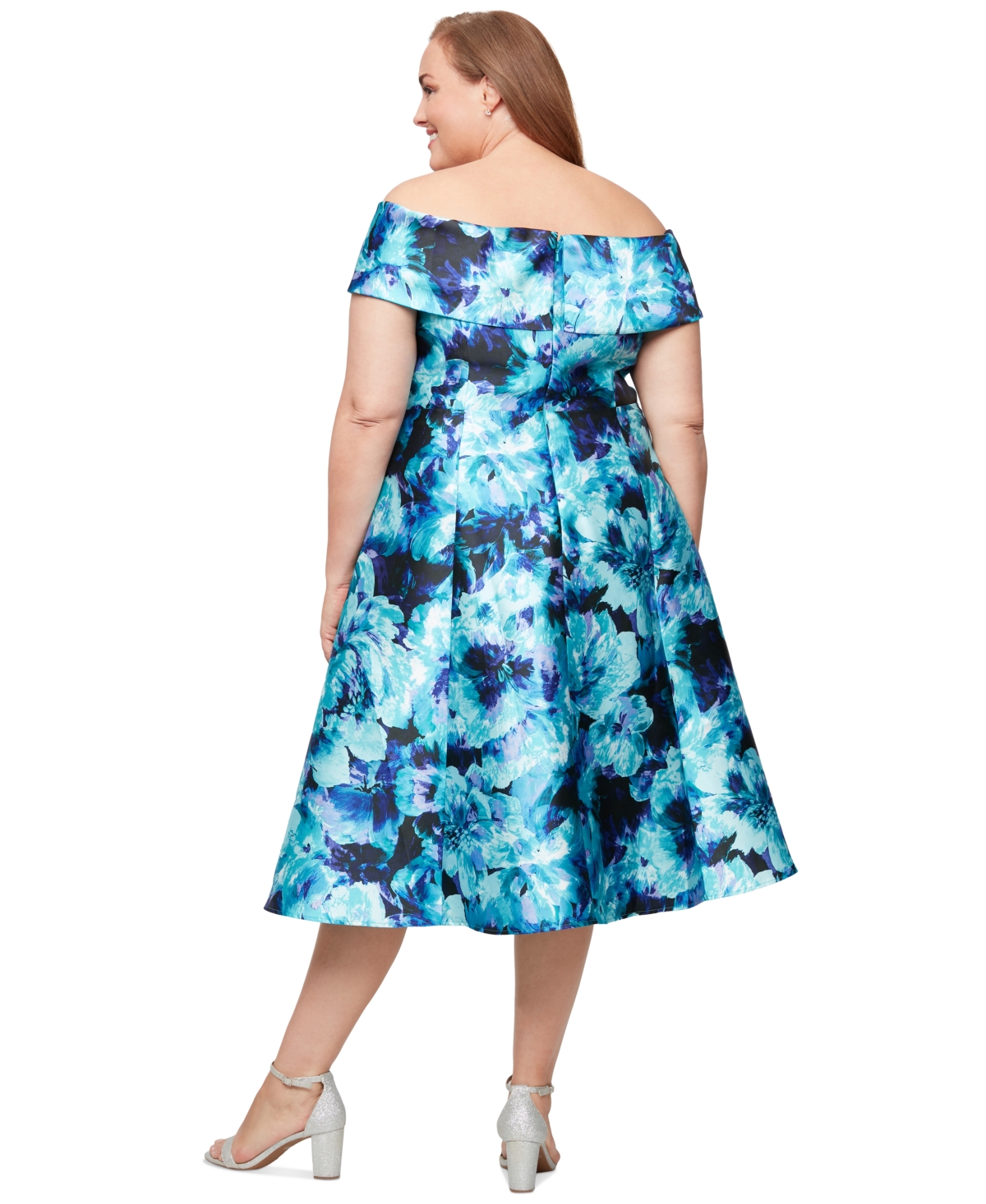 Alex Evenings Plus Size Printed Off-the-shoulder A-line Midi Dress In Aqua Multi
