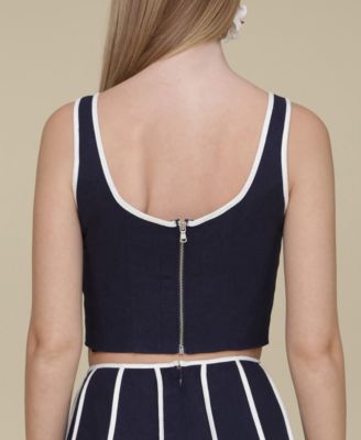 Women's Contrast-Trim Linen-Blend Crop Top