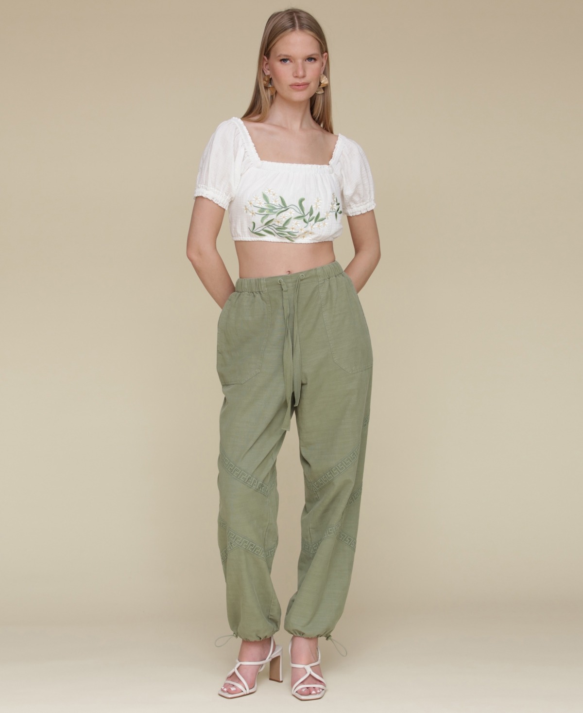 Shop Avec Les Filles Women's Crochet-trim Soft Utility Jogger Pants In Tea Tree