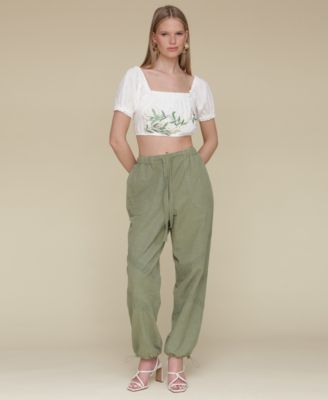 AVEC LES FILLES WOMENS EMBROIDERED COTTON CROP TOP CROCHET TRIM SOFT UTILITY JOGGER PANTS 