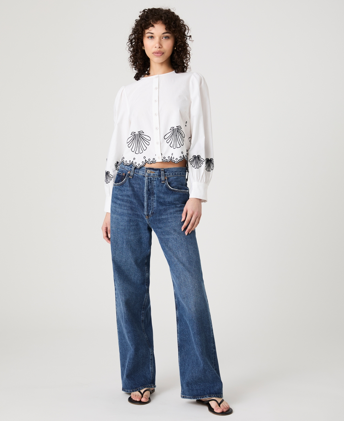 Women's Cambria Cotton Embroidered Shirt - Linen White/Navy