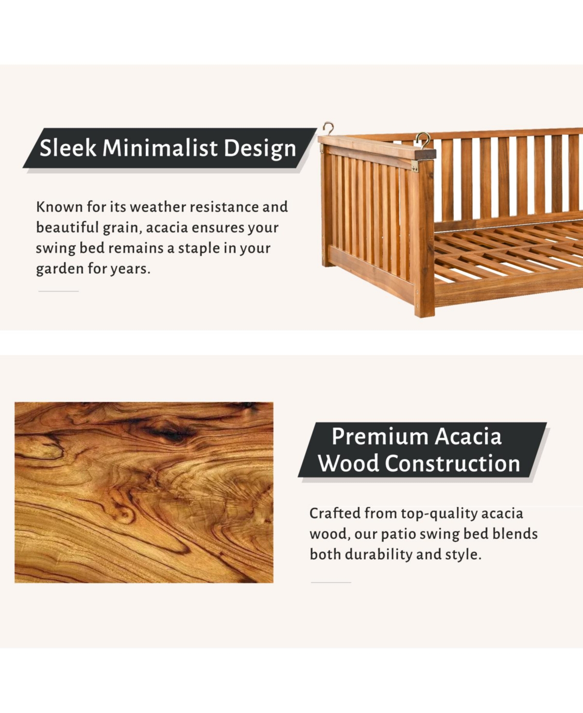 Streamdale Minimalist Twin Teak Garden Swing Bed, Safe Sloped Design