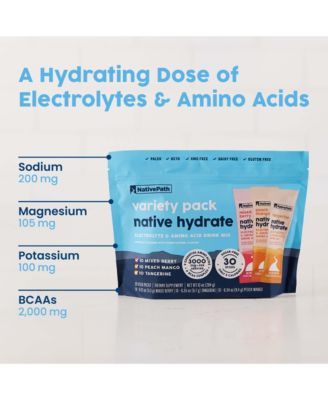 Native Hydrate Stick Packs with Electrolytes and Amino Acids, Variety Pack, Mixed Berry, Peach Mango, Tangerine, 30 Servings