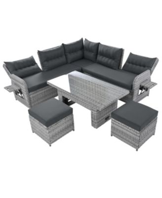 Streamdale Patio Rattan Set, Adjustable Table, Recliners, Ottomans - Grey