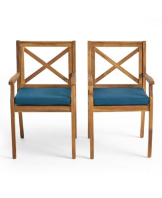 Streamdale Blue Cushion Patio Chairs - Wood Arm Dining Set (Set of 2)