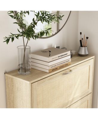 Wooden 3-door yellow shoe cabinet, multifunctional shoe rack with adjustable shelves, rattan drawers