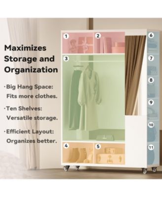 Closet Racks on Wheels with Mirror and 10 Shelves, Movable
