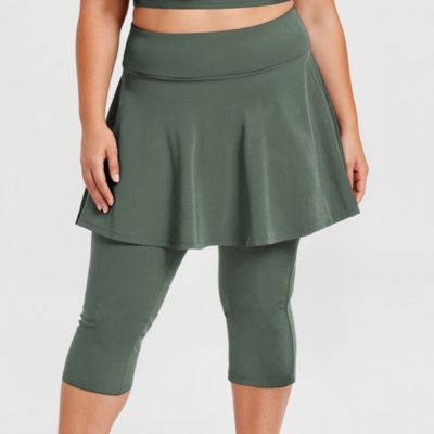 Plus Size Chlorine Resistant High Waisted Flared Swim Skort With Attached Capri Leggings