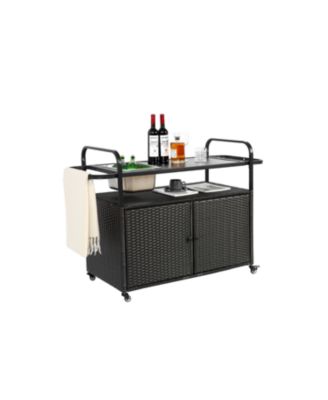 Streamdale Black wicker outdoor bar cart with steel top, ice bucket, locking wheels, and side basket