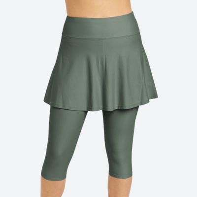 Women's Chlorine Resistant High Waisted Flared Swim Skort With Attached Capri Leggings