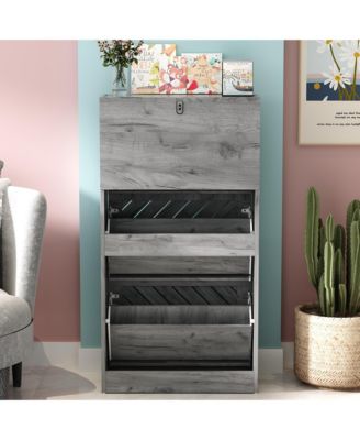 Wooden 3-door natural shoe cabinet, shutter door drawers, multi-purpose shoe rack with adjustable shelves