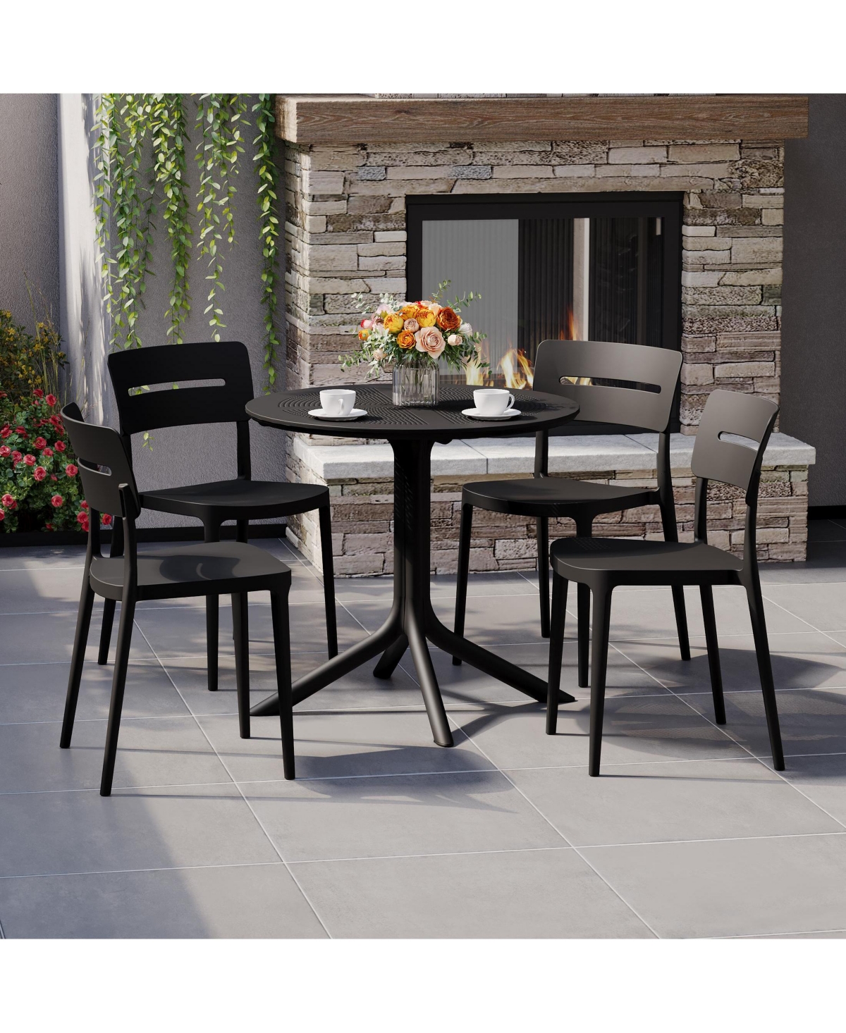 Modern 5-Piece Resin Round Patio Dining Table Set with Stackable Chairs