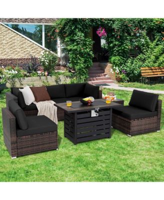 7PCS Patio Rattan Furniture Set 42'' Fire Pit Table w/ Cover Cushioned