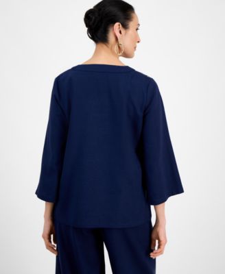 売れ筋商品|||ジェイエムコレクション カットソー トップス レディース Women's Linen Blend Embroidered-V-Neck Top, Exclusively at Macy's Intrepid Blue JM Collection Women's Linen Blend Embroidered-V-Neck Top