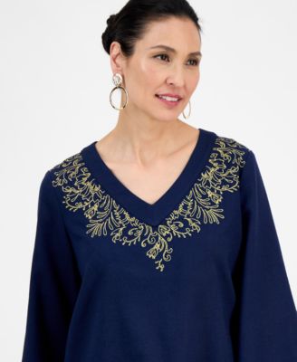 売れ筋商品|||ジェイエムコレクション カットソー トップス レディース Women's Linen Blend Embroidered-V-Neck Top, Exclusively at Macy's Intrepid Blue JM Collection Women's Linen Blend Embroidered-V-Neck Top